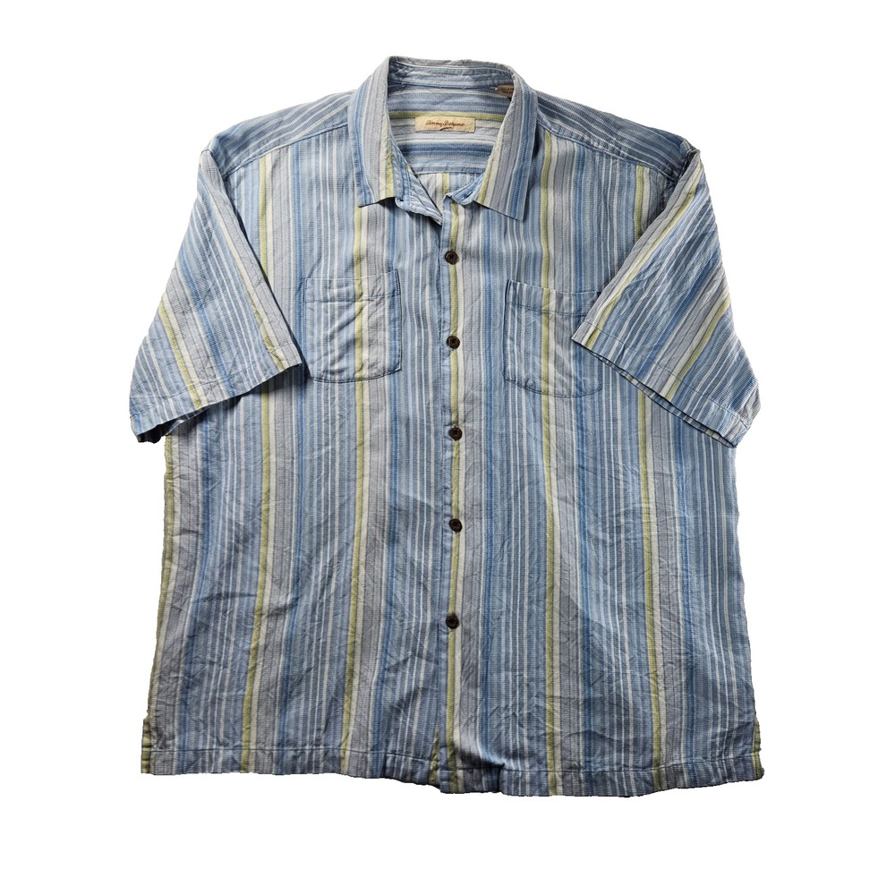 Tommy Bahama 100% Silk Striped Camp Shirt XXL Blue Green Short Sleeve Button Up